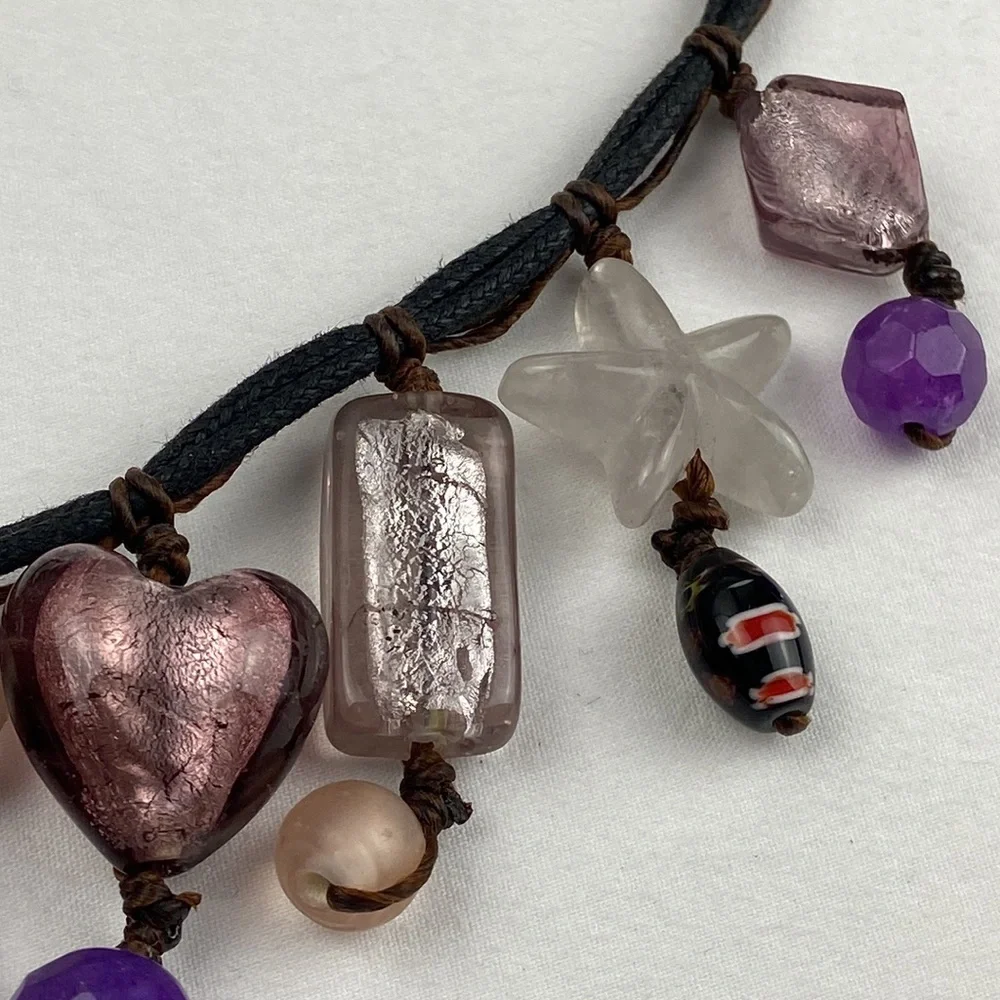 Corded braided dichroic glass polished stone w faceted Millefiori beads necklace